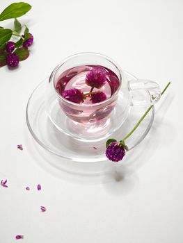 白色背景上的玻璃杯中盛着浸泡着鲜艳的千日红花的花草茶。 - 相关推荐