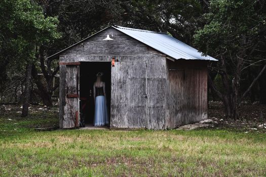 A solitary wooden cabin in the forest with a mysterious figure by the entrance creating an atmospheric scene.