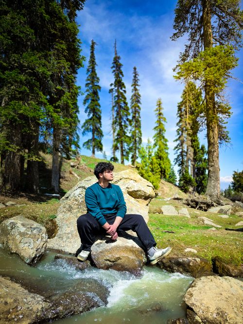 Free An adult man sitting beside a clear stream in a lush forest, enjoying nature's tranquility. Stock Photo