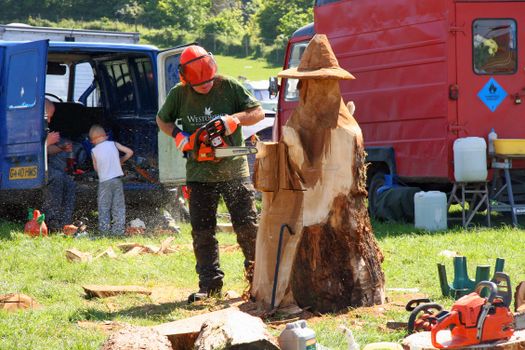 Chainsaw artist carving a wooden sculpture outdoors, showcasing creativity and craftsmanship.