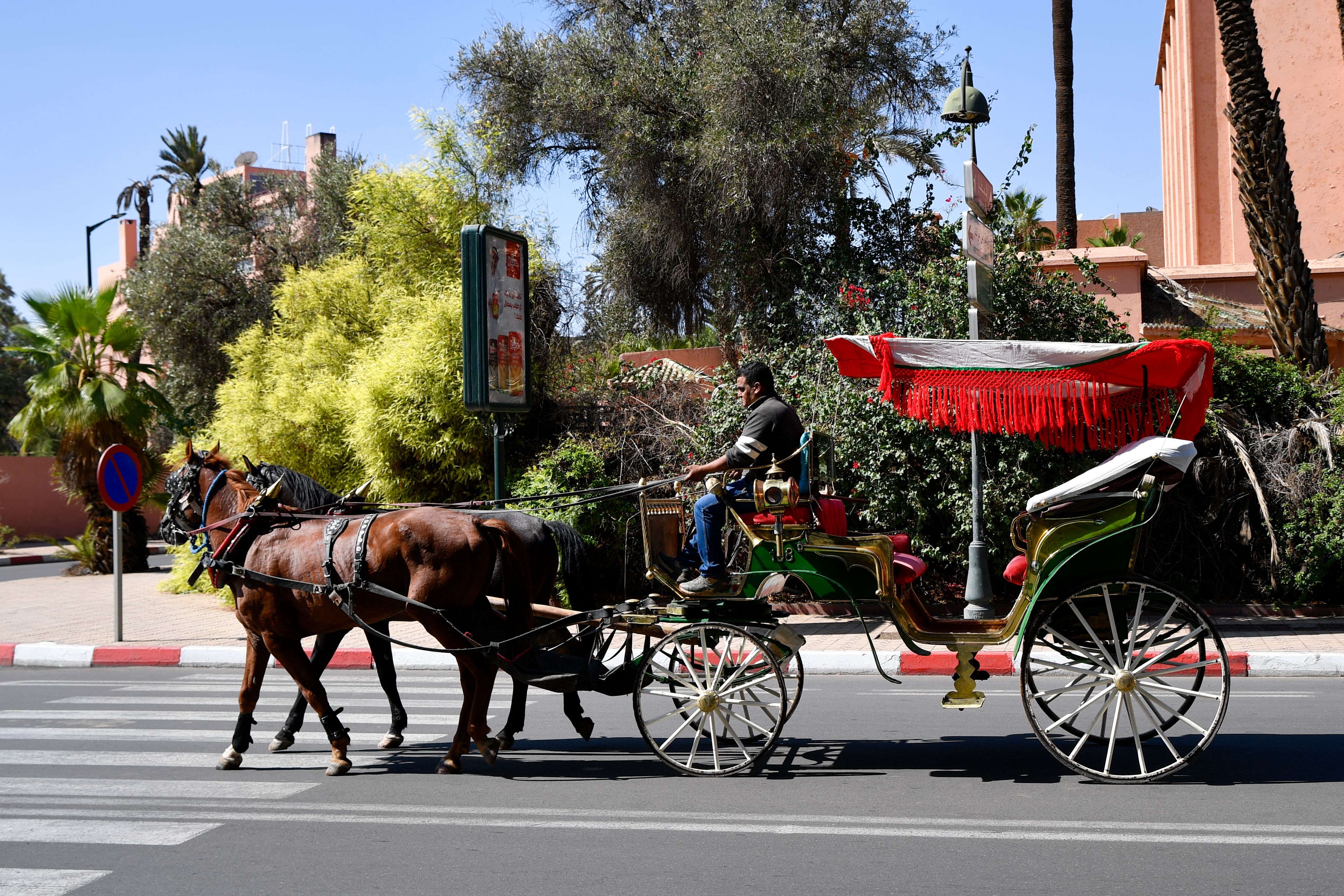 A traditional horse-drawn carriage on a sunny day in Marrakesh, Morocco.