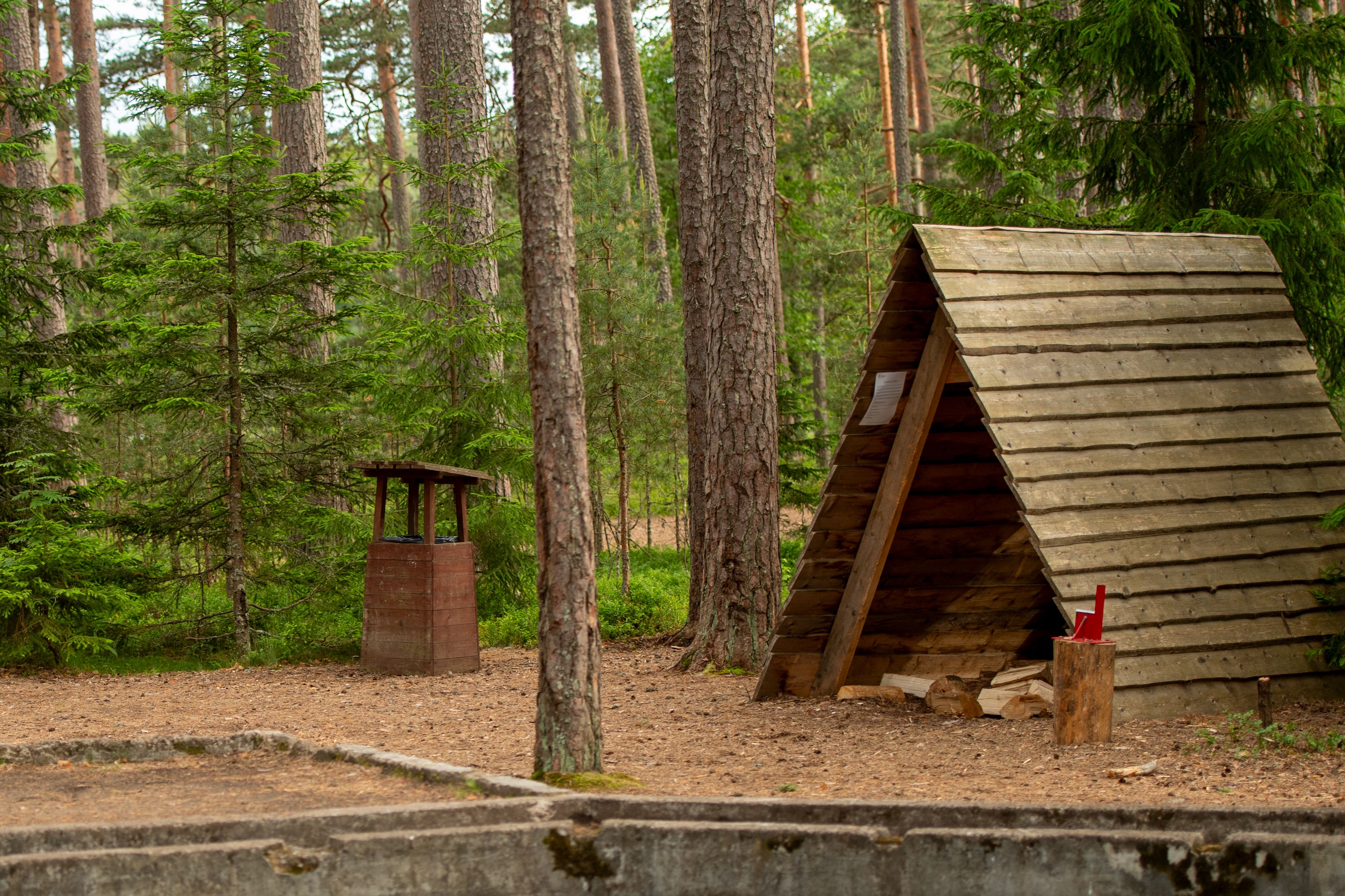 Low wooden smoke sauna building beside a forest lake in southern Estonia