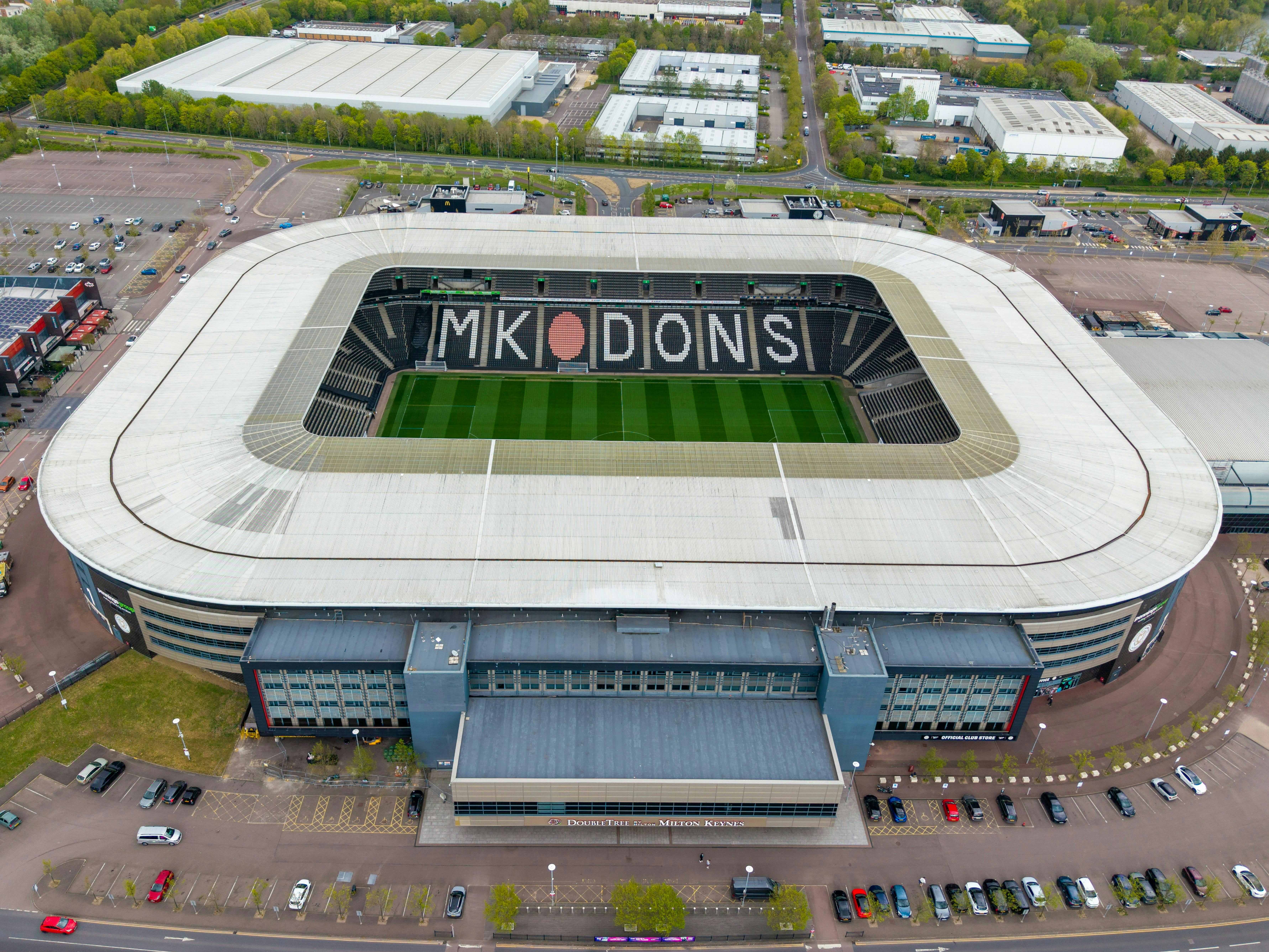 High-angle shot of Stadium MK, home of MK Dons, in Milton Keynes, UK.