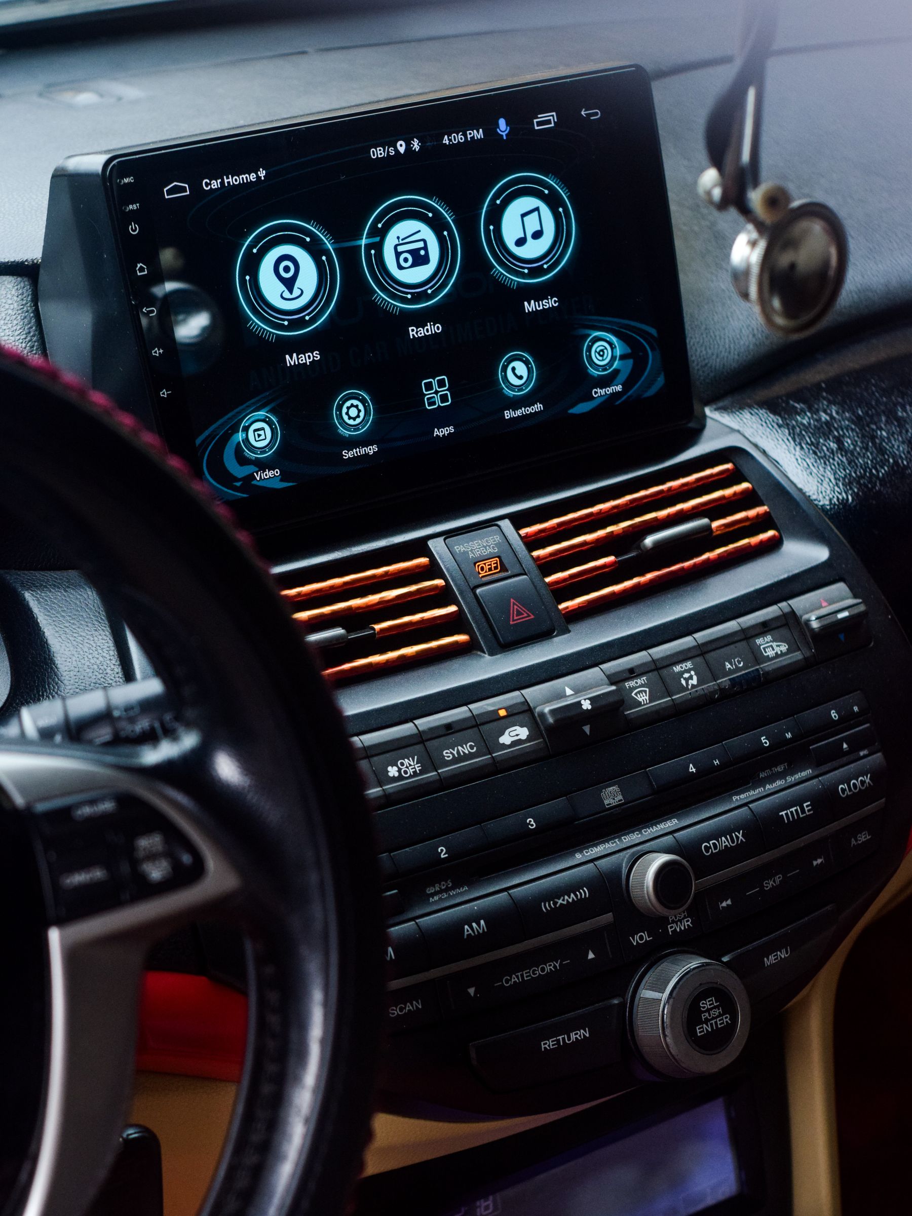 Driver-focused vehicle interior with navigation and digital display