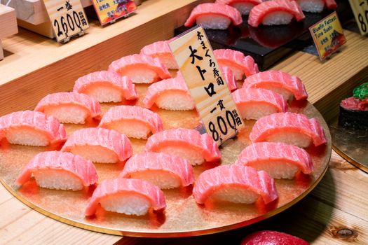 A mouthwatering display of fresh Otoro sushi in Kyoto, highlighting authentic Japanese cuisine.