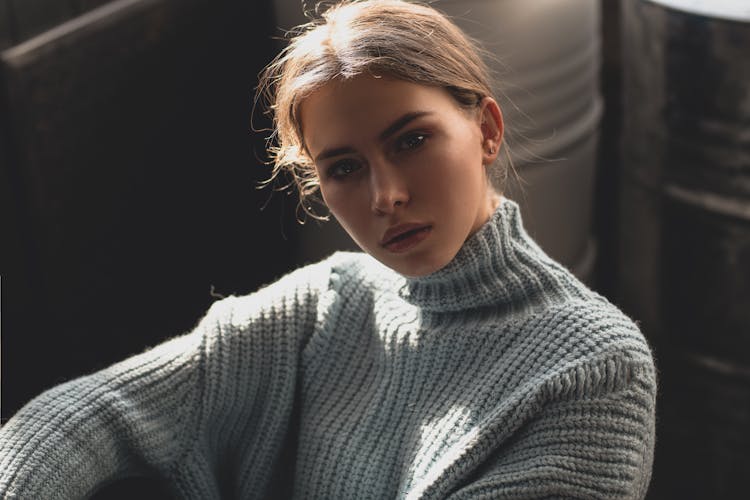 Woman In Gray Turtleneck Sweater