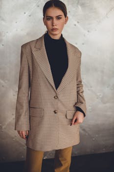 室内照片中，一位穿着西装外套的时尚女性在中性背景下自信地摆出姿势