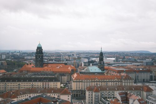 Free Aerial view of Dresden cityscape showcasing historic architecture under a cloudy sky. Stock Photo