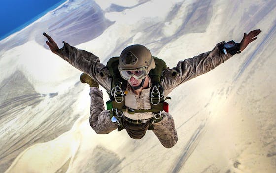 Man Wearing Brown Helmet Performing Sky Diving in Snow Covered Land Under Blue Sky during Daytime