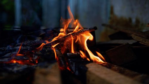 Free Detailed image of firewood burning with bright orange flames. Stock Photo