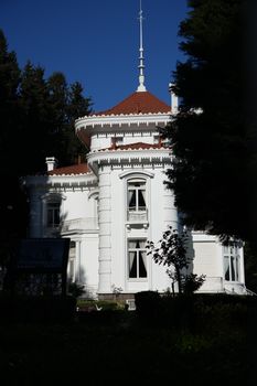 Elegant white mansion with red roof surrounded by lush trees, showcasing unique architectural style in daylight.