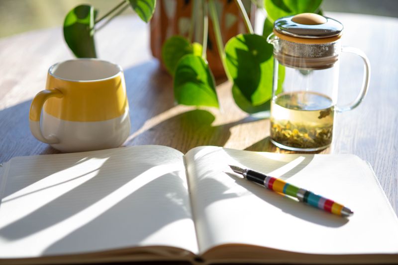 a single ceramic mug sitting on a desk