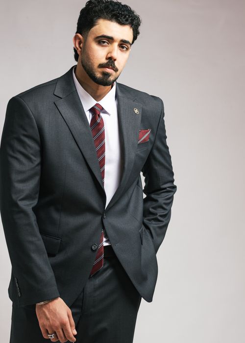Free Confident man in grey suit with red tie against neutral backdrop. Stock Photo