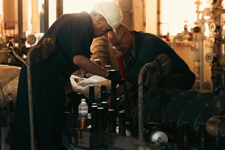 Two engineers collaborating on machinery maintenance in an industrial workshop. Photo by Abdo Alshreef on Pexels.