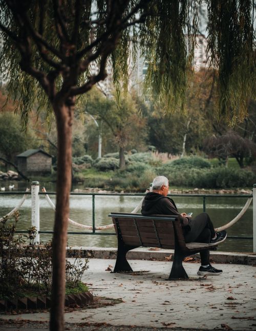 Free Elderly man sitting on a bench by a lake, surrounded by autumn trees, creating a serene and contemplative scene. Stock Photo