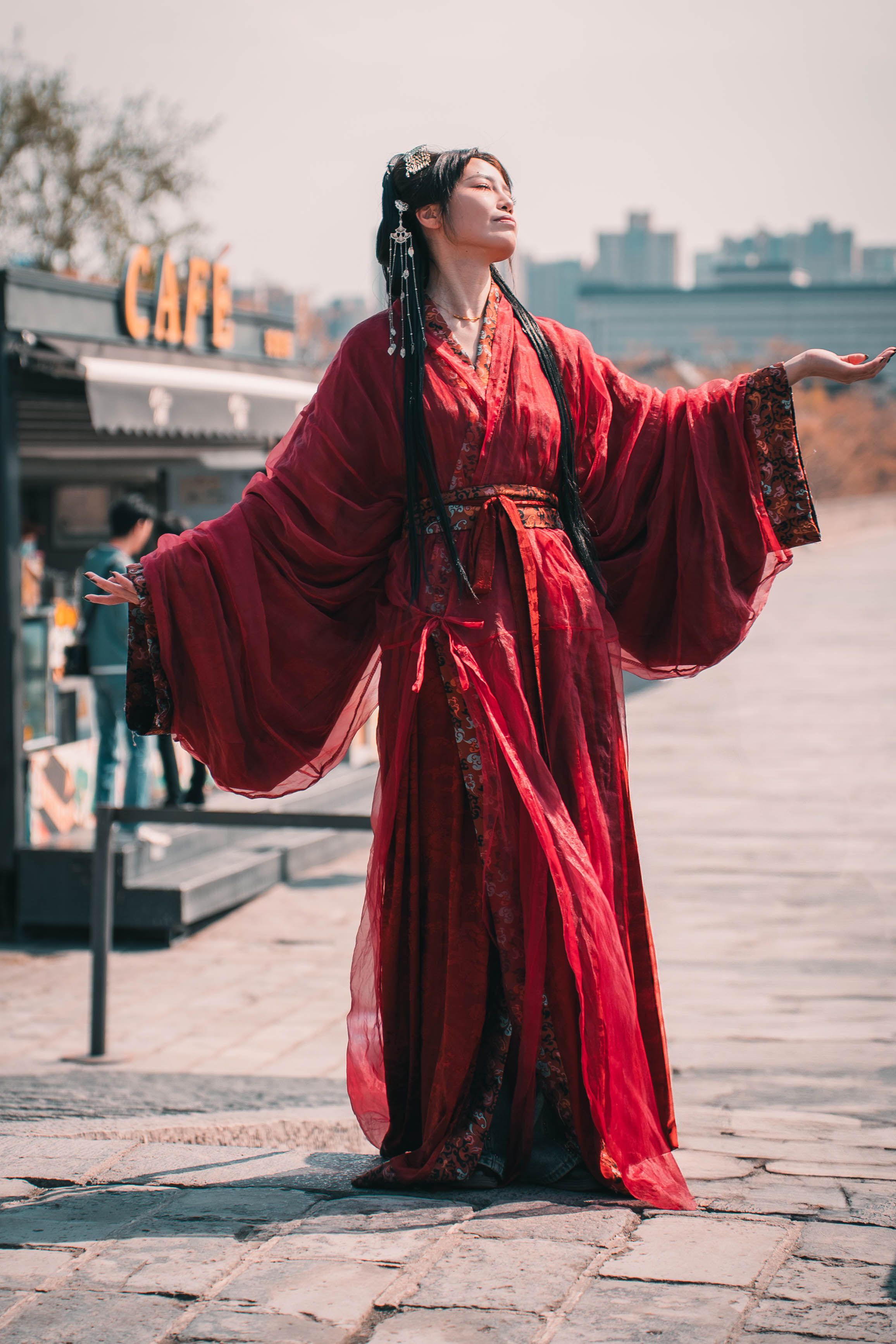 Elegant Chinese traditional dress in a modern setting