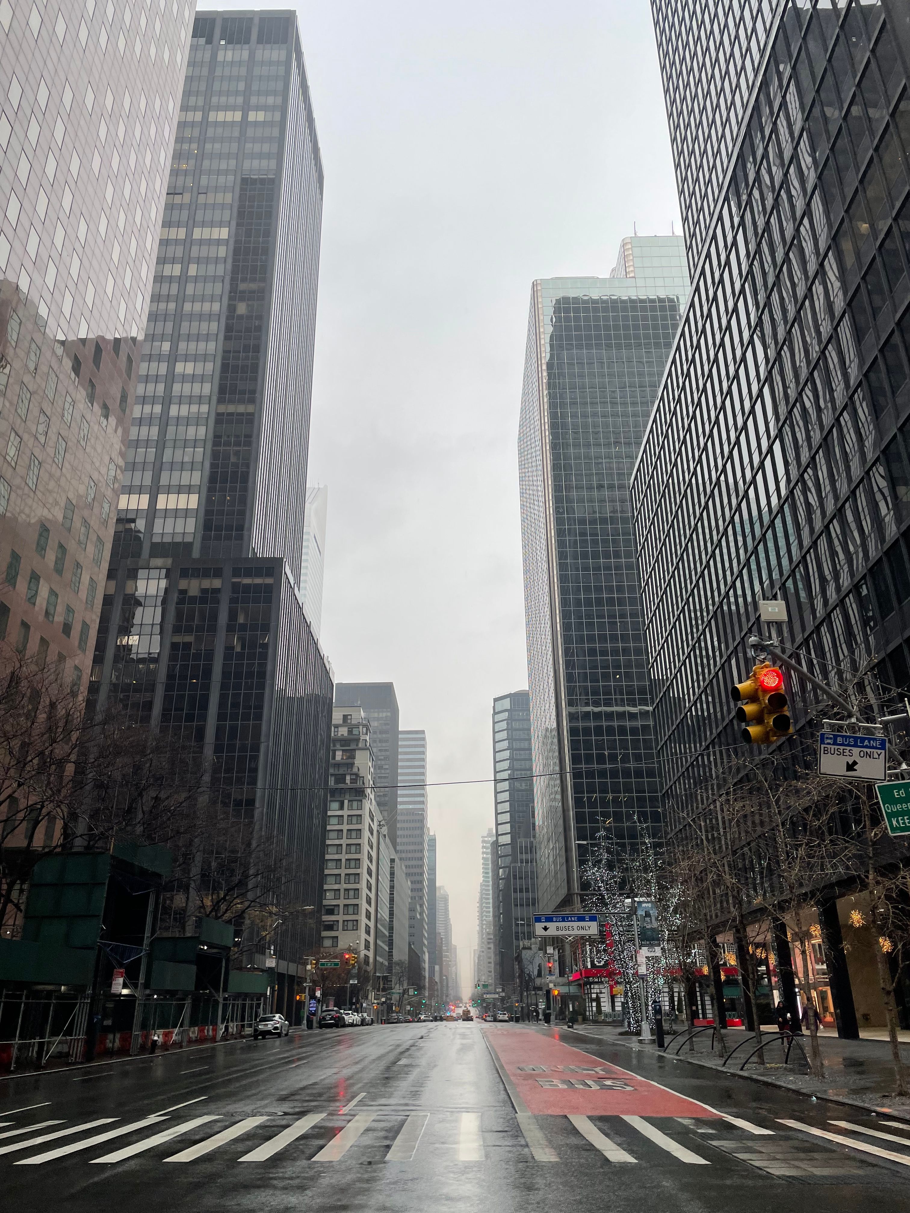 Kostenlos Wolkenkratzer säumen eine nasse, leere Straße in New York City und fangen die urbane Einsamkeit ein. Stock-Foto