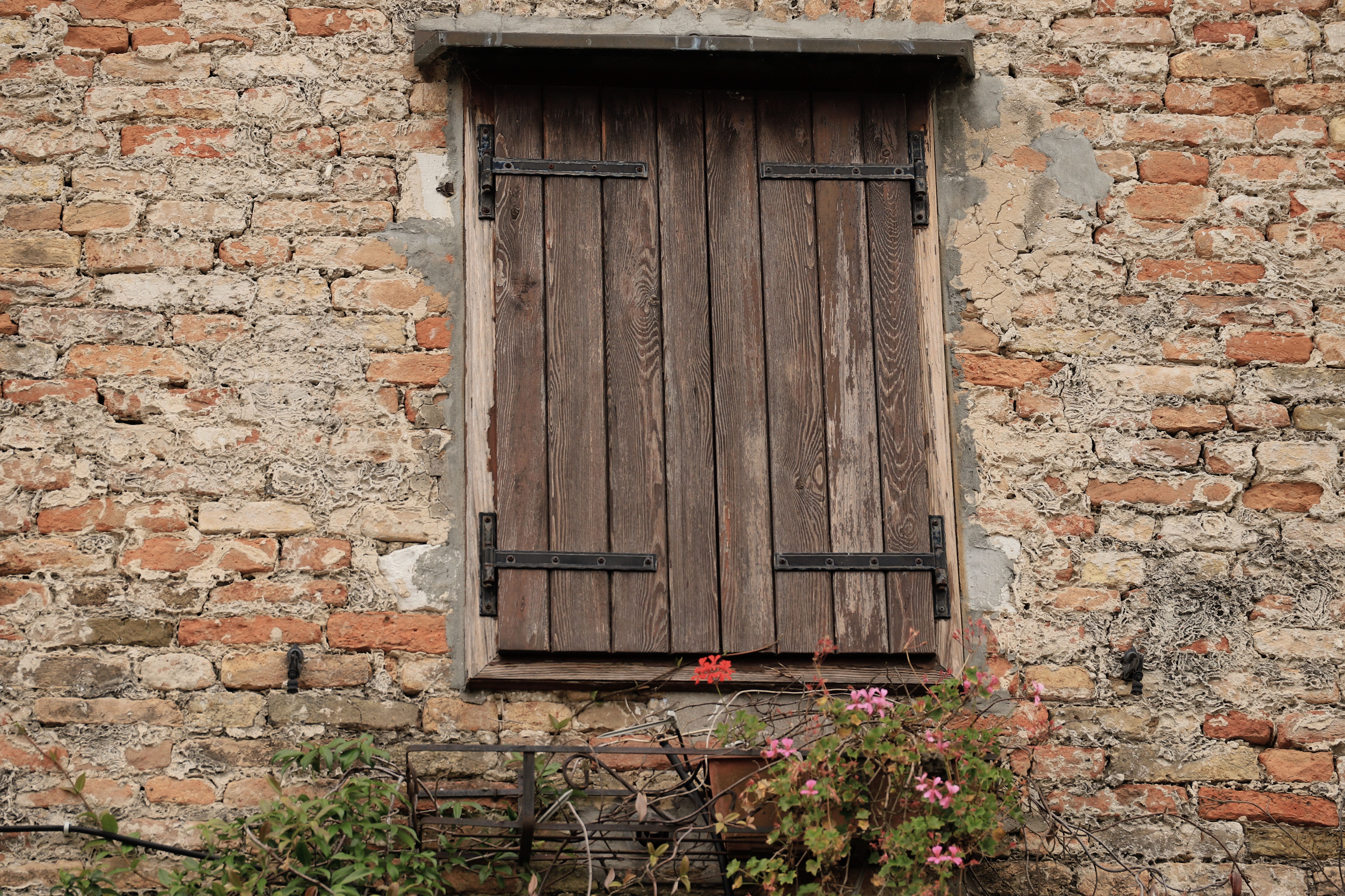Rustic Stone Wall with Wooden Shutters · Free Stock Photo