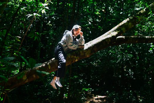 Person relaxing on a tree branch in the lush forest of Xuan Huong, Da Lat, Vietnam.