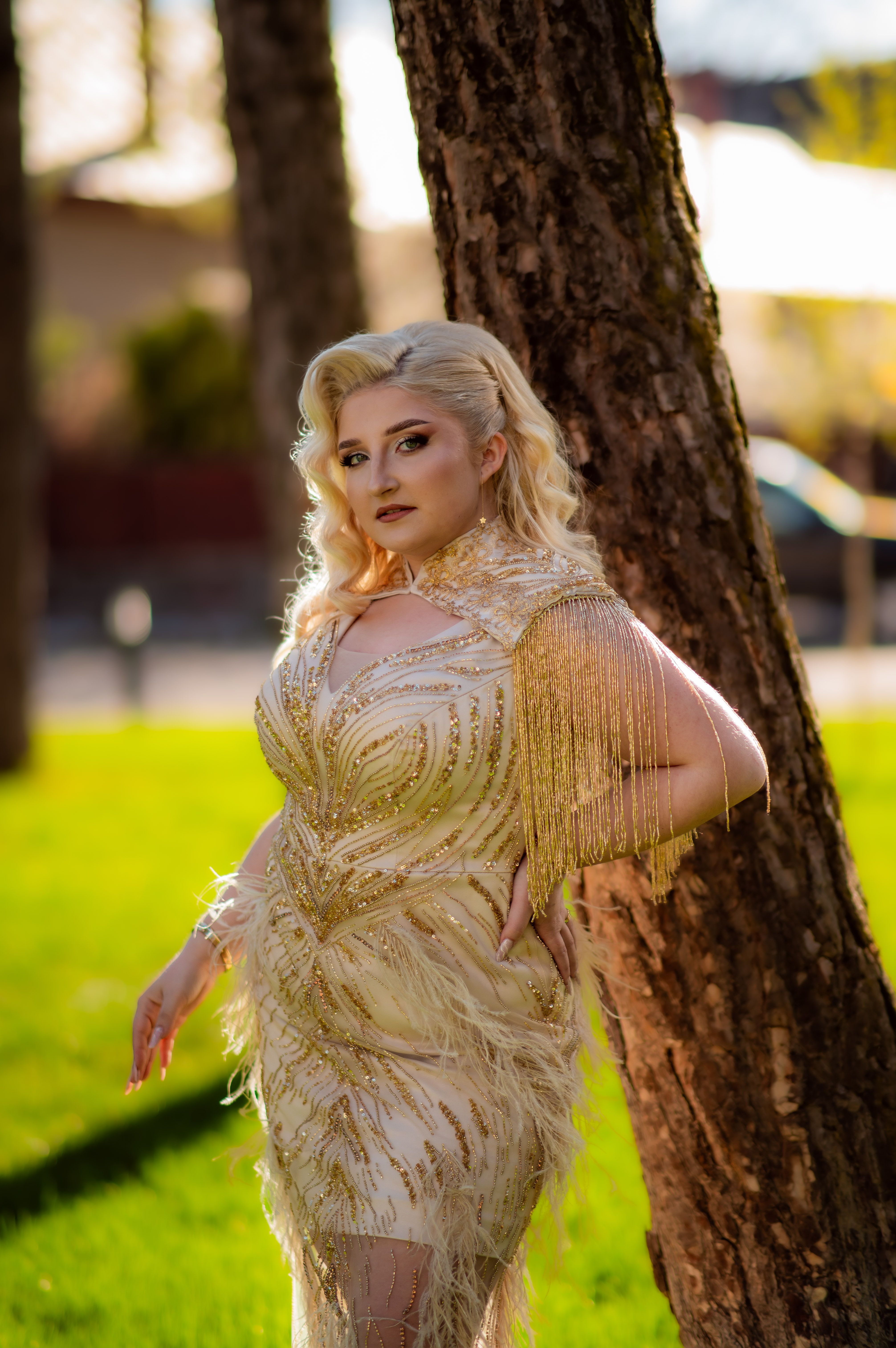 Glamorous Portrait in Golden Evening Dress