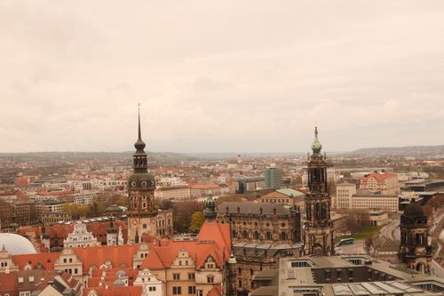 Free Stunning aerial view of Dresden's historic skyline featuring prominent churches and architecture in Saxony, Germany. Stock Photo