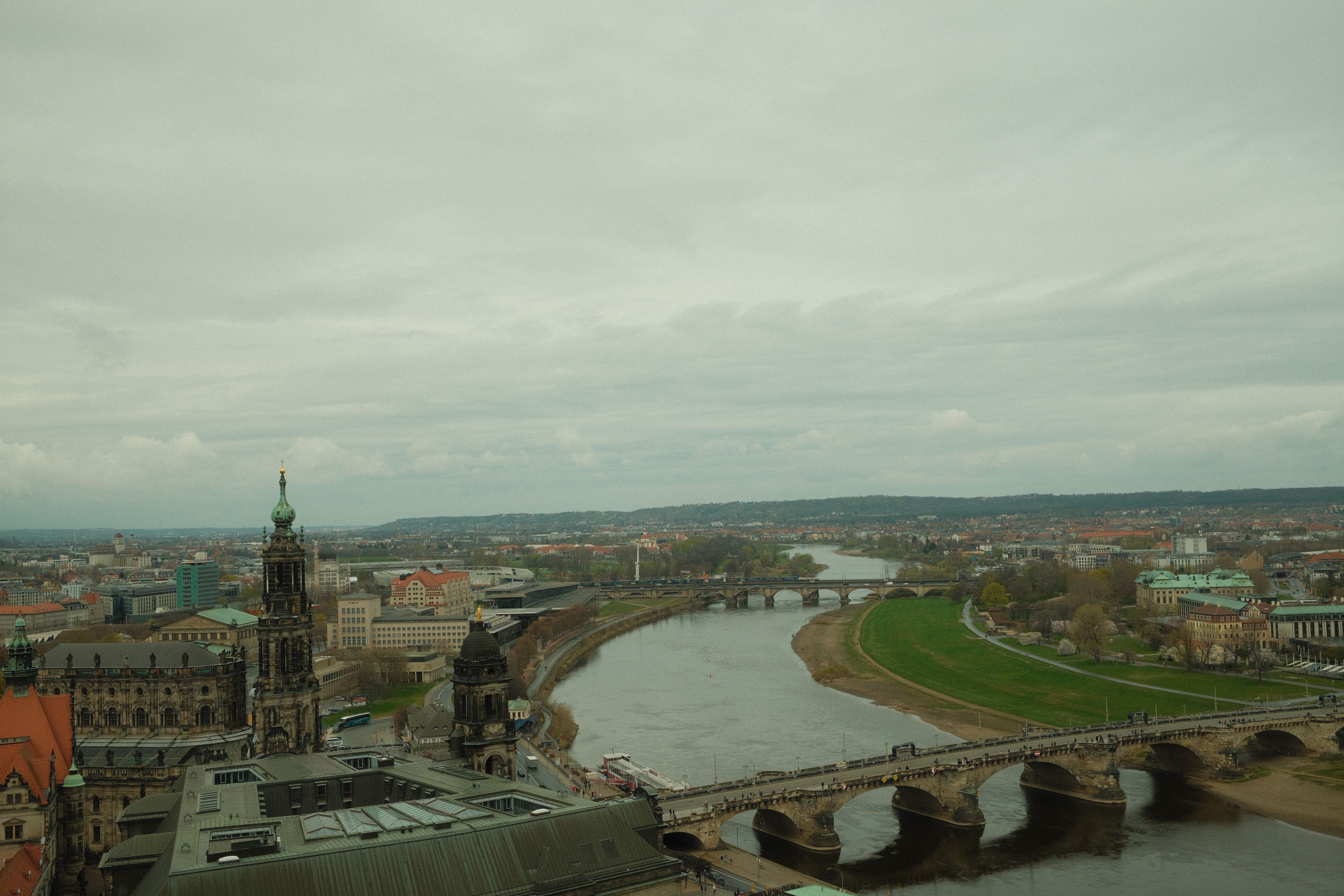 Breathtaking aerial view of Dresden, Germany featuring iconic architecture and the Elbe River.