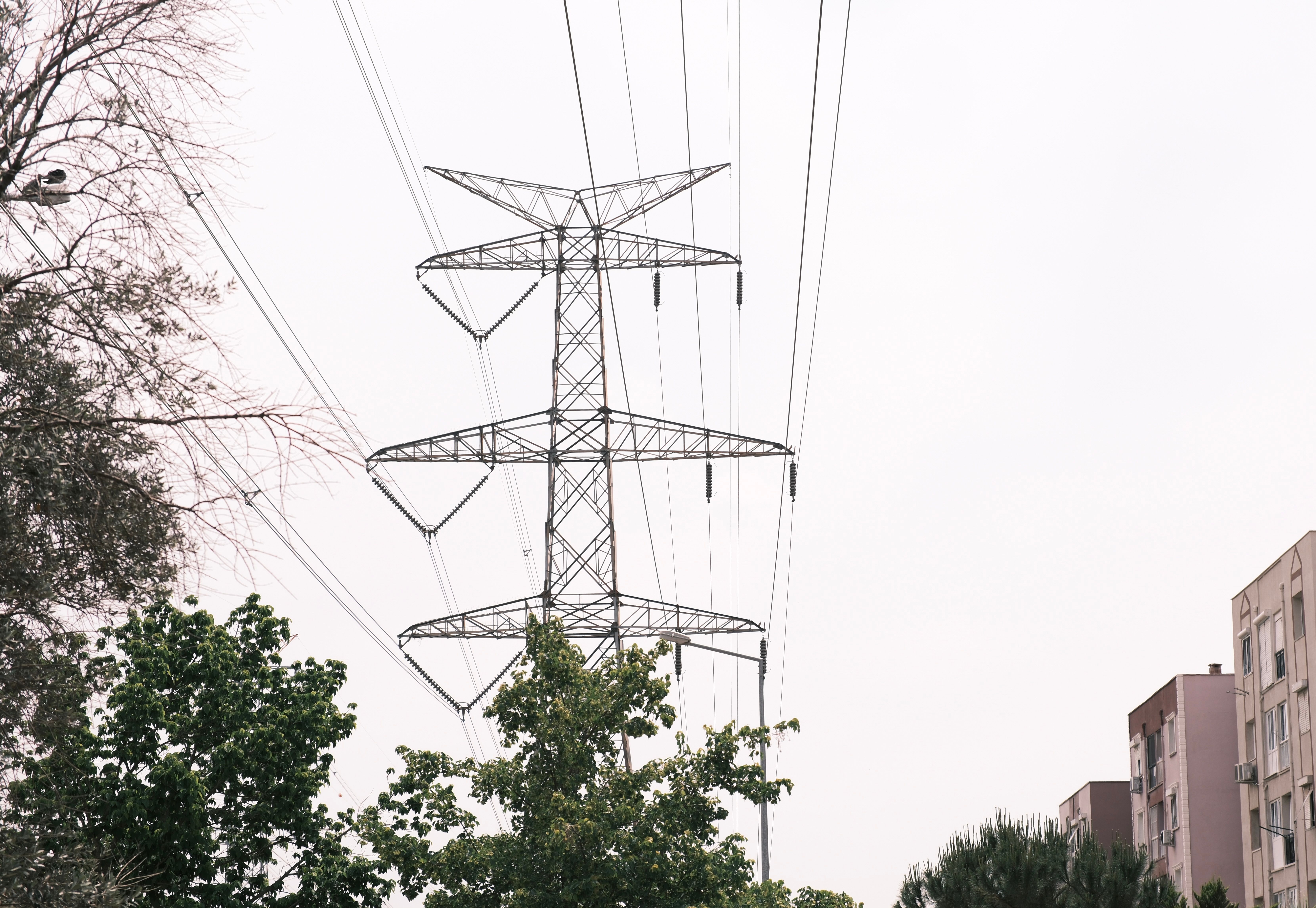 Tall power lines tower over trees and buildings, İzmir, Türkiye, a clear day showcasing urban infrastructure.