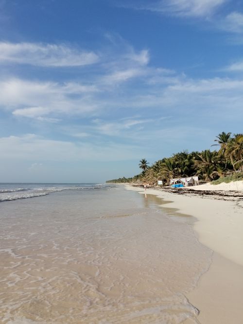 Free Peaceful beach scene in Tulum, Mexico featuring clear blue skies and gentle waves. Stock Photo