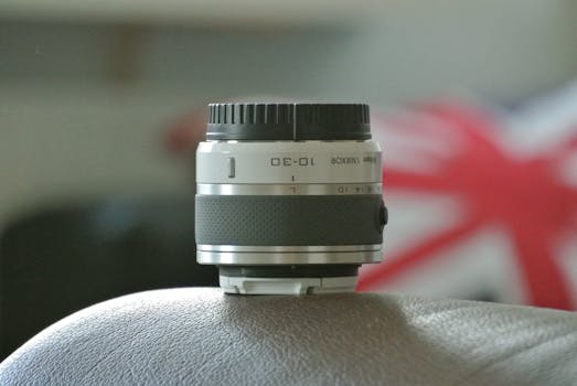 Close-up of a NIKON camera lens resting on a leather surface with a Union Jack background.