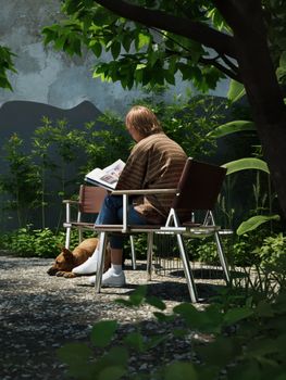 Person reading a book outdoors with a dog under lush green trees.