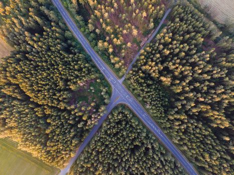 Aerial photo of forest intersection in Rehau, Germany at daylight.