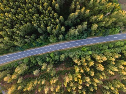 Безкоштовне Аерофотознімок дороги, що прорізає густий лісовий ландшафт поблизу Рехау, Німеччина. стокове фото