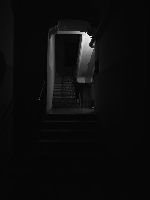 Free Monochrome photo of a mysterious staircase in dim lighting, creating a dramatic and moody atmosphere. Stock Photo