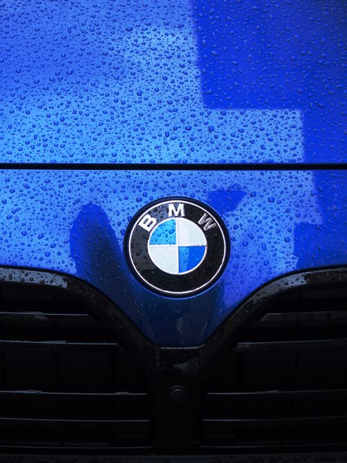Free Detailed close-up of a car logo on a wet hood, showcasing raindrops on a blue surface. Stock Photo