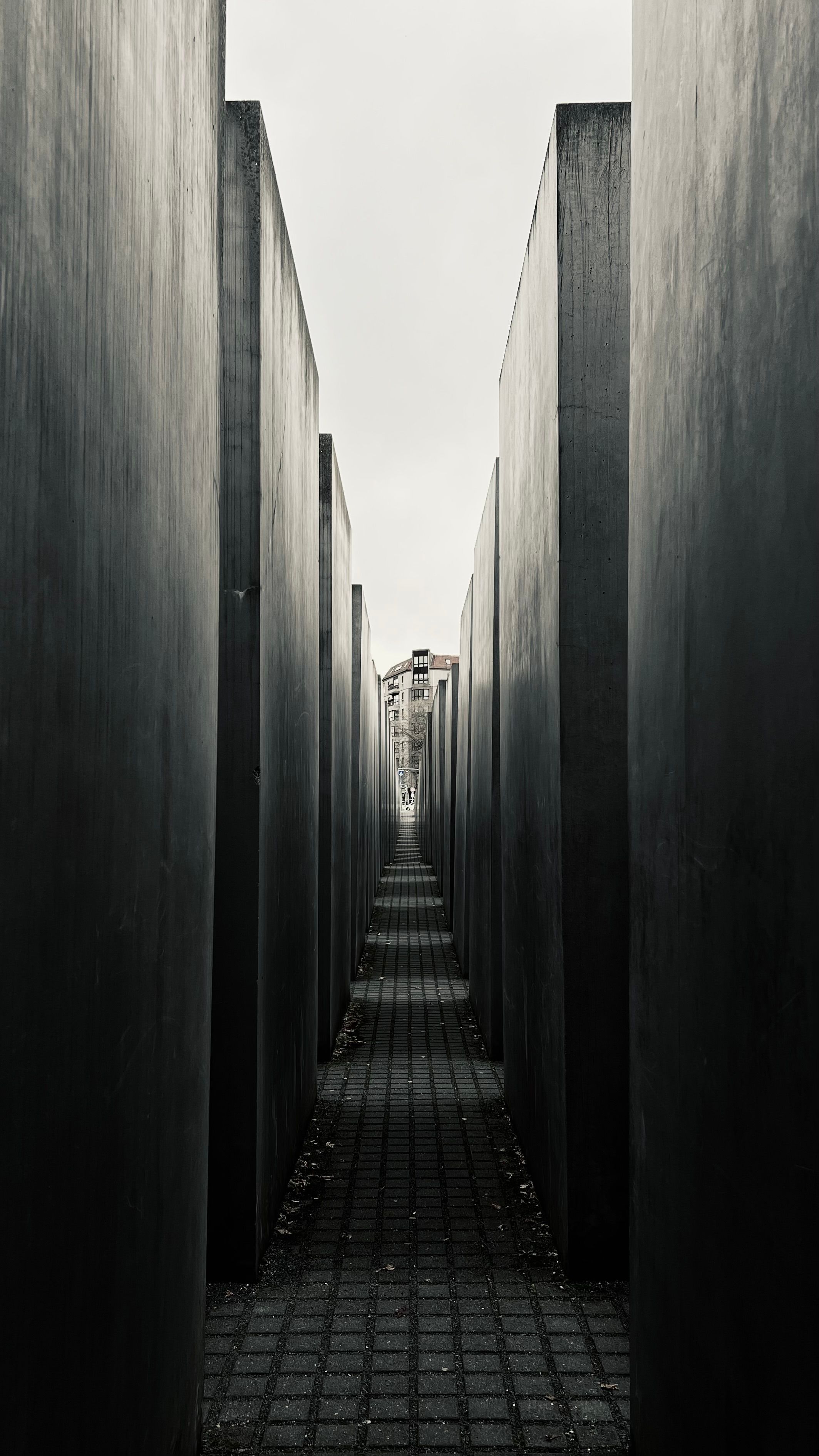 View through the symmetrical columns of the Holocaust Memorial in Berlin.