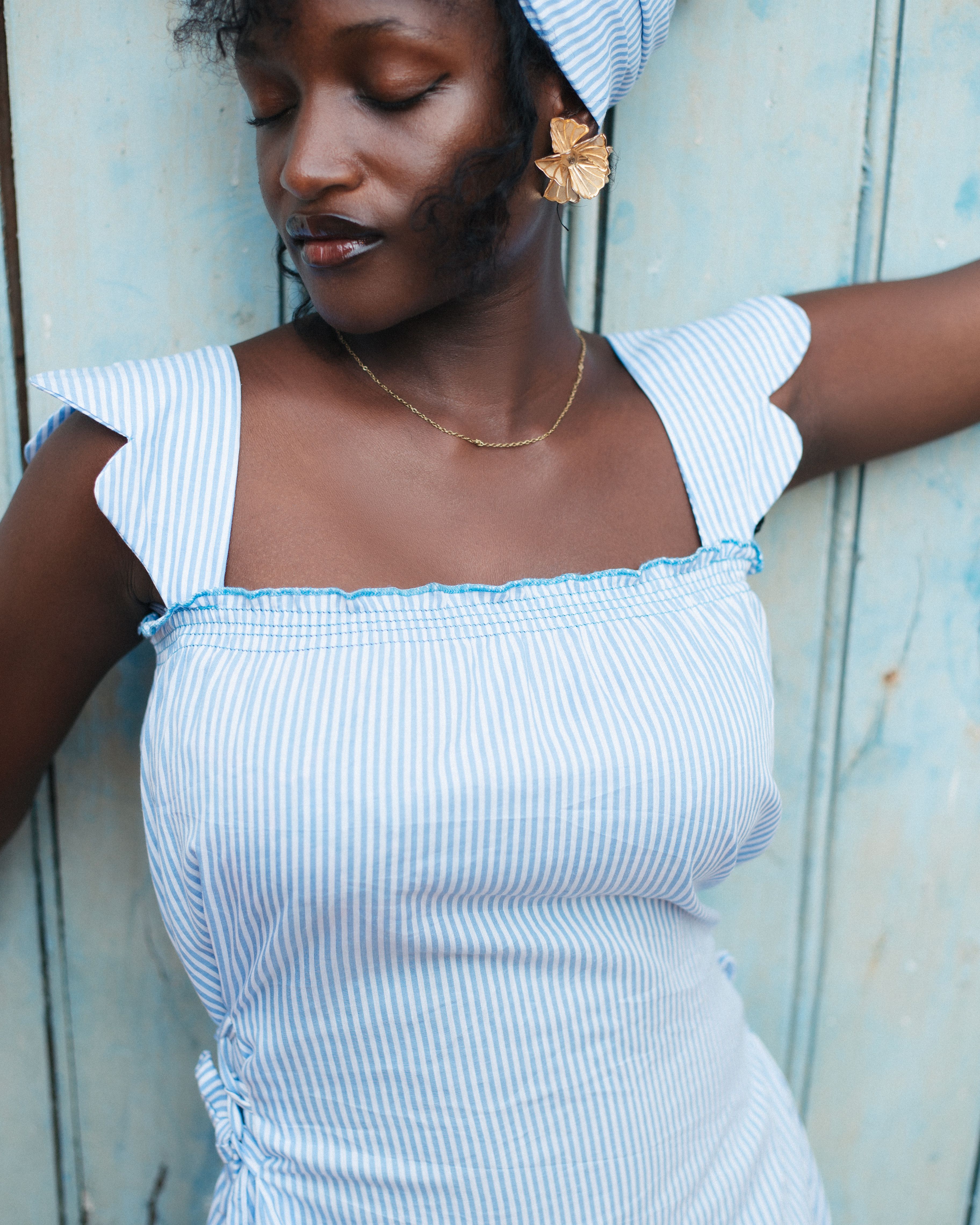 Woman wearing a Breton striped dress