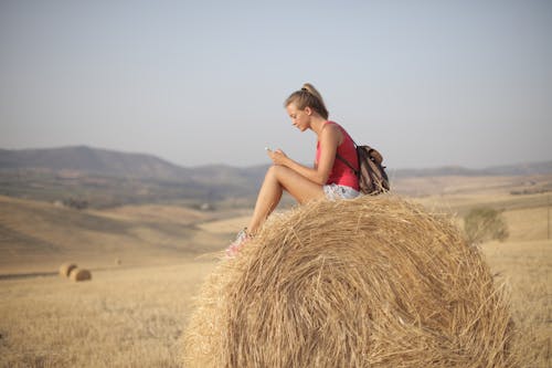 Free Woman in Pink Tank Top Sitting on Brown Hay Roll Stock Photo