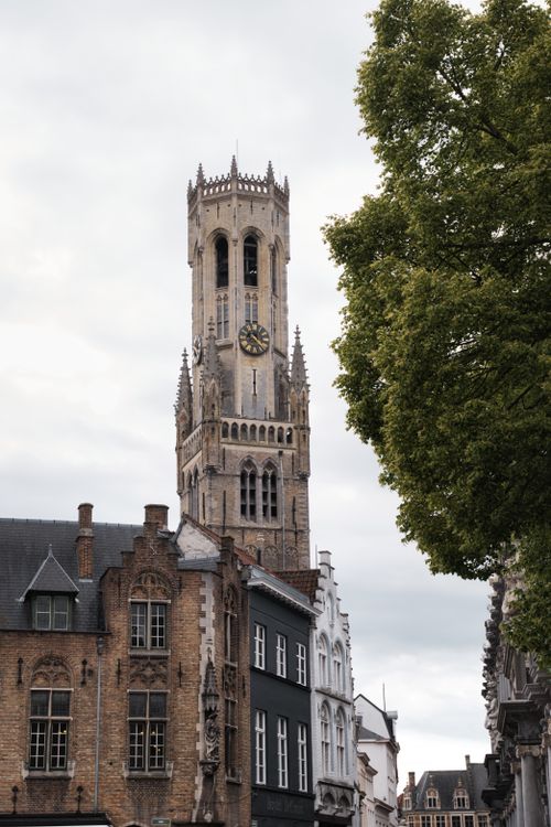 Free The Belfry tower in Bruges, Belgium, surrounded by historic buildings and lush greenery. Stock Photo