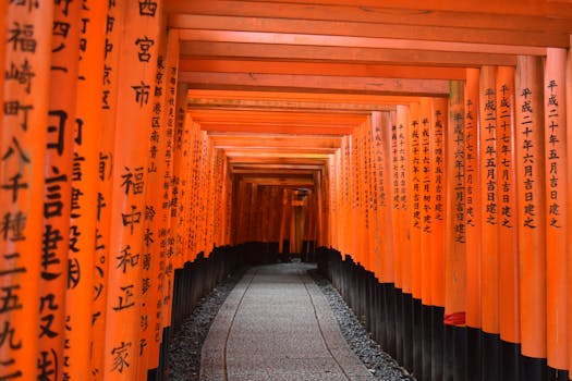 Vibrant torii gates at Fushimi Inari Taisha, Kyoto, Japan, showcasing traditional Japanese architecture.