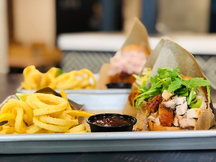 Burger And Fries On White Ceramic Tray