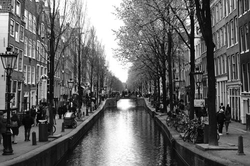 Free Black and white view of a bustling Amsterdam canal street, lined with bicycles and people. Stock Photo