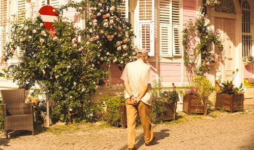 Free An elderly man walks leisurely past a charming pink house adorned with blooming flowers on a sunny day. Stock Photo
