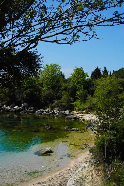 Free Serene lakeside landscape with clear water, rocks, and lush green vegetation under a bright blue sky. Stock Photo