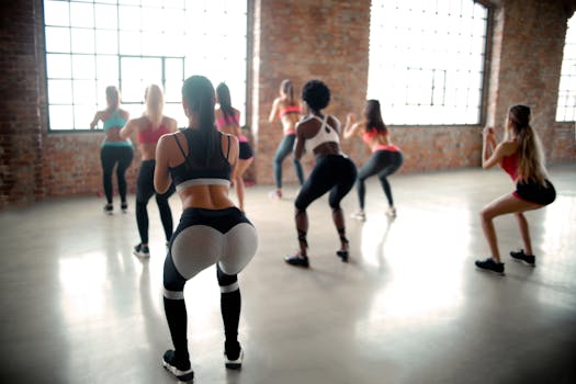 Energetic group of women performing squats in a well-lit gym environment.