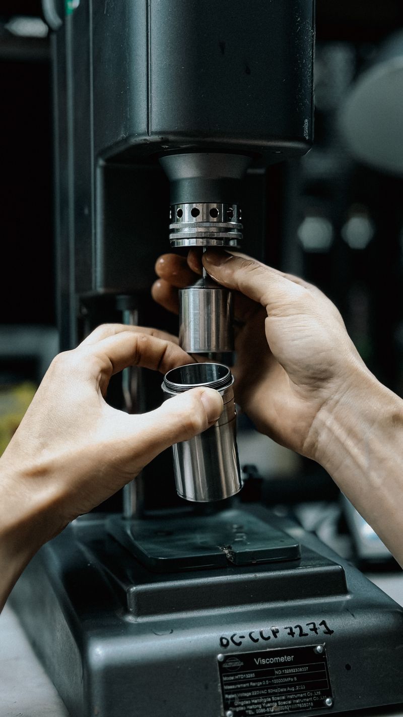 A detailed shot of hands adjusting a viscometer in a laboratory setting.