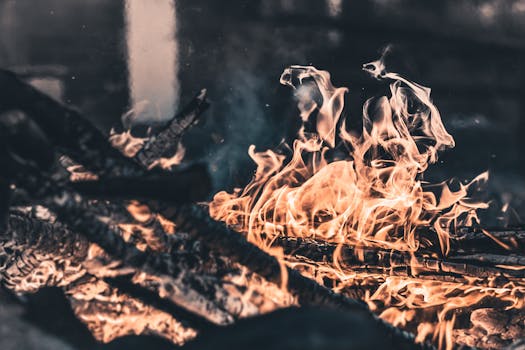 特写镜头中，充满活力的火焰在原木上翩翩起舞，营造出温暖而戏剧性的氛围