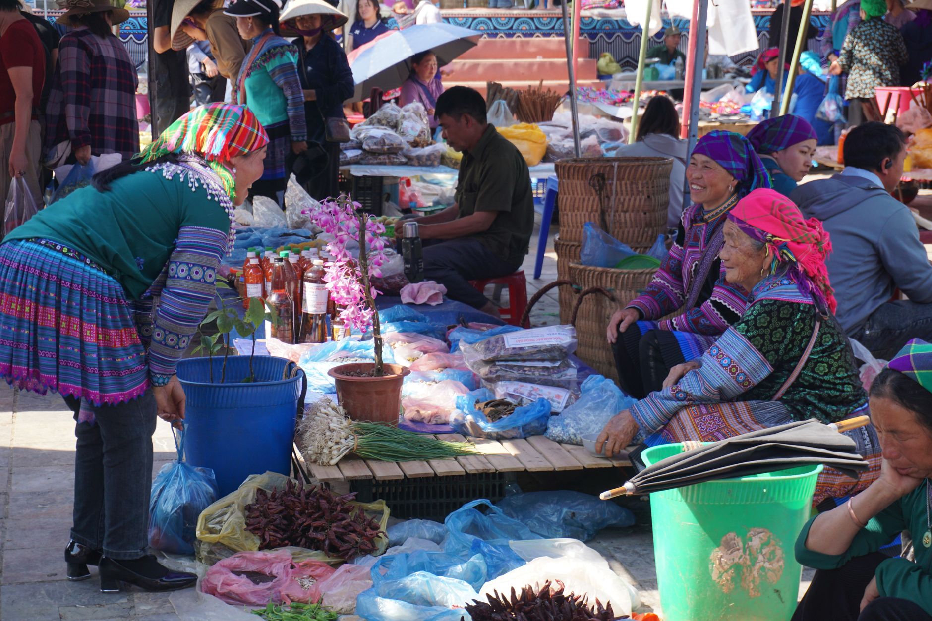 Vibrant scene of locals at Bac Ha Market, showcasing Hmong culture and traditional attire.