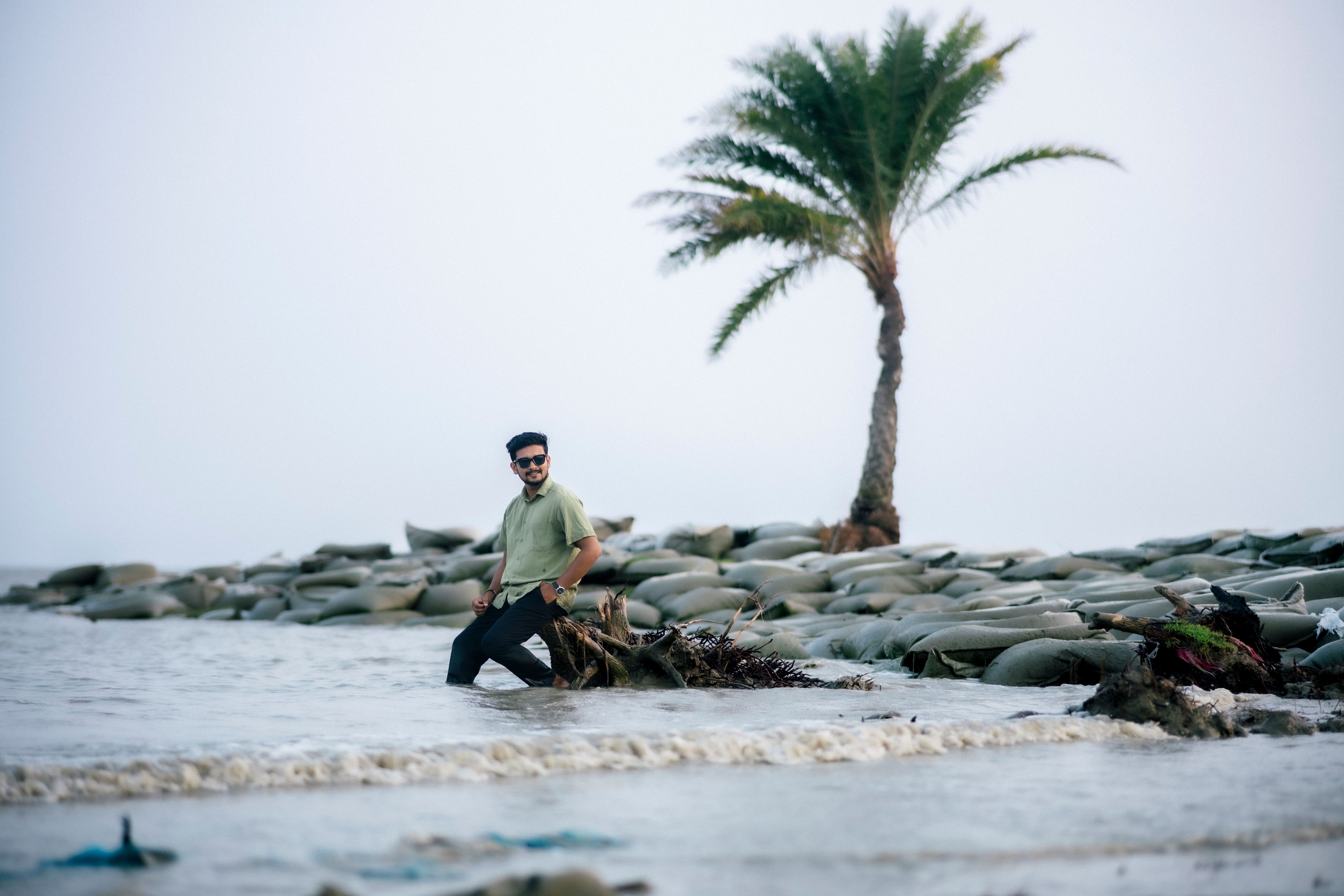 A man stands in water near a beach with a single palm tree and sandbags under a clear sky.