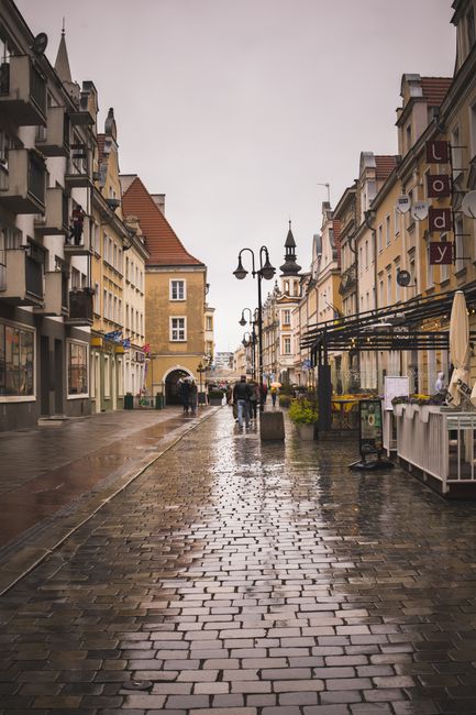 Discover the picturesque charm of a cobblestone street in a European city, captured on a rainy day.