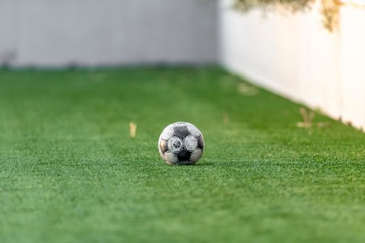 A single soccer ball resting on vibrant green grass, perfect for sports themes.
